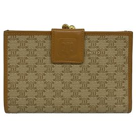 Céline Celine Vintage Macadam Blazon Logo Pattern Bi-fold Wallet Brown Beige