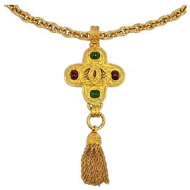 Chanel Vintage 94A Coco Mark Gripoix Collier Long à Franges Croisées Doré