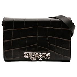 Alexander McQueen Mini Nero Croco Embossed con Teschio Gioiello a Spalla Nero