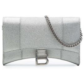 Balenciaga Silver Glitter Fabric Hourglass Wallet On Chain Silvery