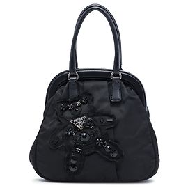 Prada Black Beaded Tessuto Evening Bear Frame Handbag Black