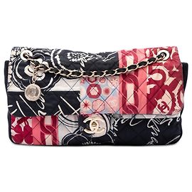 Chanel Black Jumbo Printed Nylon and Jersey Patchwork Single Flap Black