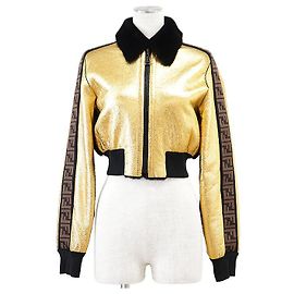 Fendi FF Logo ROMA Bestickte Lammlederjacke Schwarz Golden
