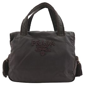 Prada Beads Logo Nylon Handbag Brown