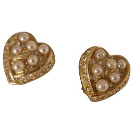 Boucles d'oreilles clip cœur Dior perles et strass Doré