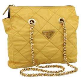 Bolsa de Ombro com Corrente PRADA Nylon Amarelo Ouro Auth 190869A Dourado Amarelo