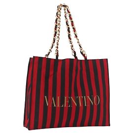 VALENTINO Chain Tote Bag Canvas Red Gold Auth BA13793A Red Golden