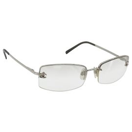 CHANEL COCO Mark Sunglasses Metal Silver CC Auth 189996 Silvery