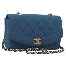 CHANEL Matelasse Chain Shoulder Bag Canvas Blue Gold CC Auth 191469SM Blu D'oro
