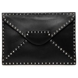 Valentino Black Leather Rockstud Untitled Envelope Clutch Black