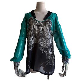 Camicetta in seta stampata Roberto Cavalli Nero Bianco Verde Grigio