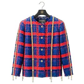 RARE CHANEL 08P RUNWAY BLUE RED GOLD CC MULTI CHAINS TWEED JACKET FR 44 Red Blue Multiple colors Golden Navy blue Gold hardware