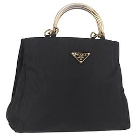 Sac à main PRADA Nylon Noir Or Auth 189423 Noir Doré
