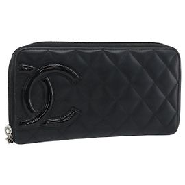 CHANEL Matelasse Cambon Line Long Wallet Leather Black Silver CC Auth 190679 Black Silvery