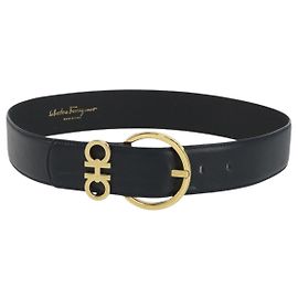 Cinto Salvatore Ferragamo Double Gancini em couro azul marinho e dourado Auth BA14028 Dourado Azul marinho