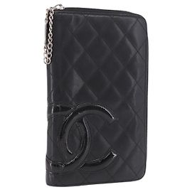 CHANEL Cambon Line Long Wallet Lamb Skin Black CC Auth bs36030 Black