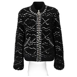 Chanel 19B Black Fuzzy Alpaca CC Zipper Bomber Jacket Coat FR 36 Black Silvery White Metallic Silver hardware