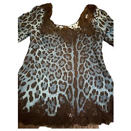 Dolce & Gabbana Blue Leopard Print Silk Lace Top Blue Leopard print