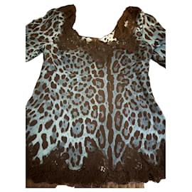 Dolce & Gabbana Top in seta leopardato blu e pizzo Blu Stampa leopardo