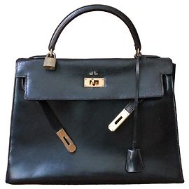 Hermès Kelly 32 Black Box Leather Handbag Black