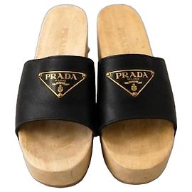 Prada Black Leather Wooden Clogs Black