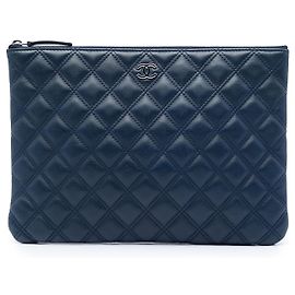 Chanel Blue Medium Quilted Lambskin Double Stitch O Case Clutch Blue Navy blue