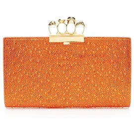 Alexander McQueen Satin Crystal Embellished Skull Four-Ring Flat Clutch Orange