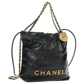 CHANEL CHANEL22 Bolsa de Corrente em Pele de Cordeiro Preta e Ouro CC Auth 190198SAM Preto Dourado