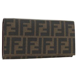 FENDI Zucca Canvas Long Wallet Black Brown Auth 190427V Brown Black