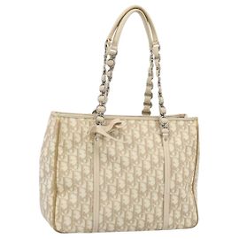 Christian Dior Trotter Canvas Romantic Chain Shoulder Bag PVC Ivory Auth 190613 Silvery Cream