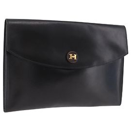 Hermès Pochette HERMES Rio Clutch Bag en cuir noir et or Auth 190962M Noir Doré