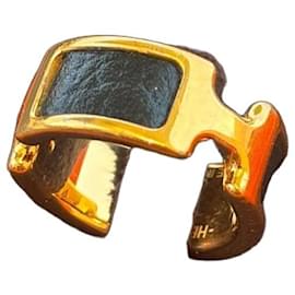 Hermès Olympe Leather and Gold-Tone Metal Ring, Size 52 Black Golden