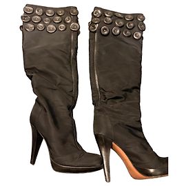 Autre Marque Black Fabric High-Heel Boots with Leather Studs Black