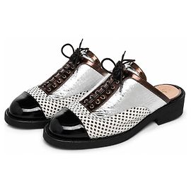 Chanel Resort 2017 Perforated Leather Runway Mules Black Silvery White