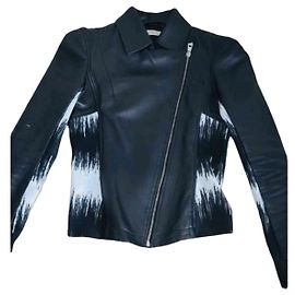 Versace Collection Leather Biker Jacket with Abstract Print Black White