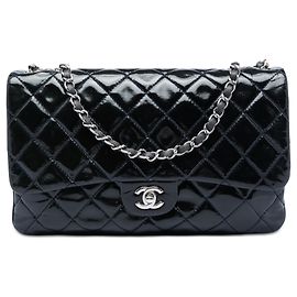 Chanel Blue Jumbo Quilted Patent 3 Compartment Flap Blue Navy blue