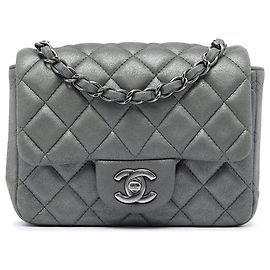 Chanel Gray Mini Square Classic Metallic Lambskin Single Flap Marrone Grigio antracite