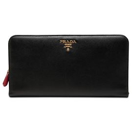 Prada Black Saffiano Zip Around Long Wallet Black