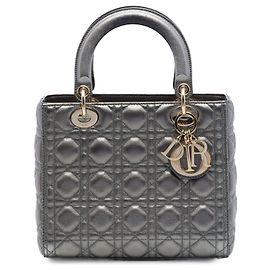 Dior Gray Medium Metallic Lambskin Cannage Lady Dior Brown Dark grey