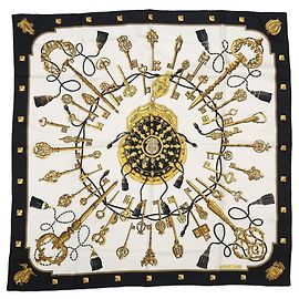 Hermès Seidentuch Carré 90 - LES CLES Muster Schwarz Weiß Golden