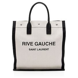 Tote Rive Gauche N/S in lino e pelle di vitello Saint Laurent Marrone Beige