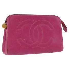 CHANEL COCO Mark Pouch Pele de Caviar Ouro Rosa CC Auth BA14390A Rosa Dourado