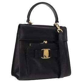 Bolsa Salvatore Ferragamo Vala de Couro 2 formas Preto Tom Dourado Auth 191779A Preto Outro