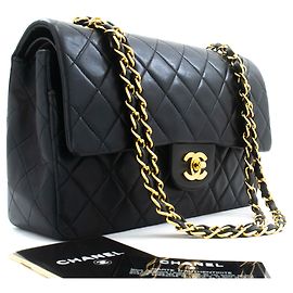 CHANEL Classic Double Flap 10" Chain Shoulder Bag Black Lambskin Noir