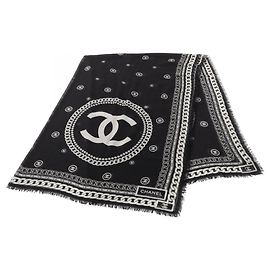 Châle Chanel Coco Mark en soie et cachemire Noir Blanc