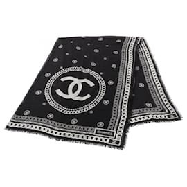 Sciarpa Chanel Coco Mark in seta e cashmere Nero Bianco