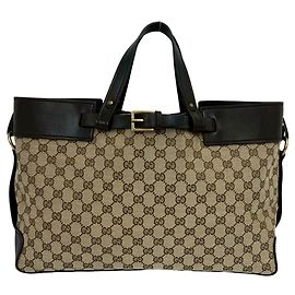 Sac Tote de lona com padrão GG e couro com ferragens de logotipo Gucci Marrom