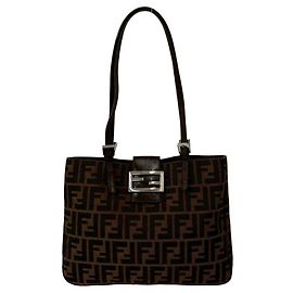 FENDI Vintage Zucca FF Pattern Canvas Leather Tote Bag Brown Black