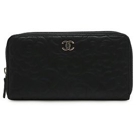 Chanel Camellia Leather Long Zip Wallet Black