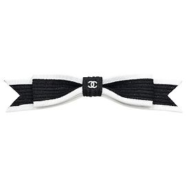 Chanel New CC Logo Raffia Ribbon Hairpin Silvery